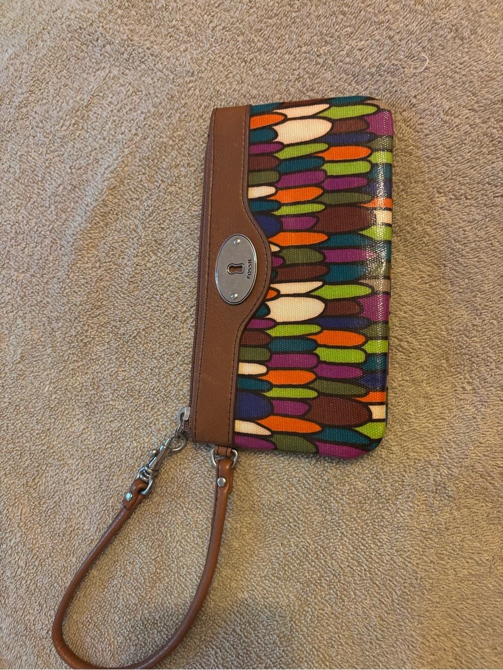 Fossil Orange Polka Dot Interior Wristlet with Brown Trim